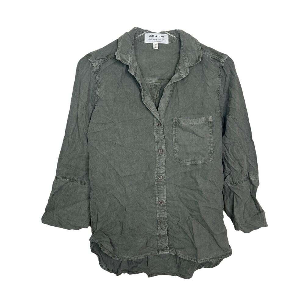 Cloth & Stone Anthro Button Down Shirt 3/4 Sleeve Hi Low Hem Gray Womens XS